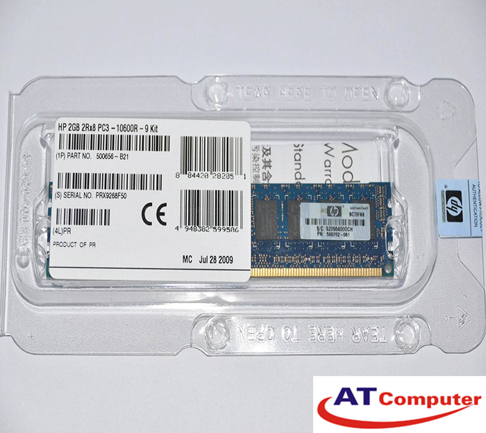 RAM HP 2GB DDR3-1333Mhz PC3-10600R CL9 Single Rank ECC. Part: 647905-B21
