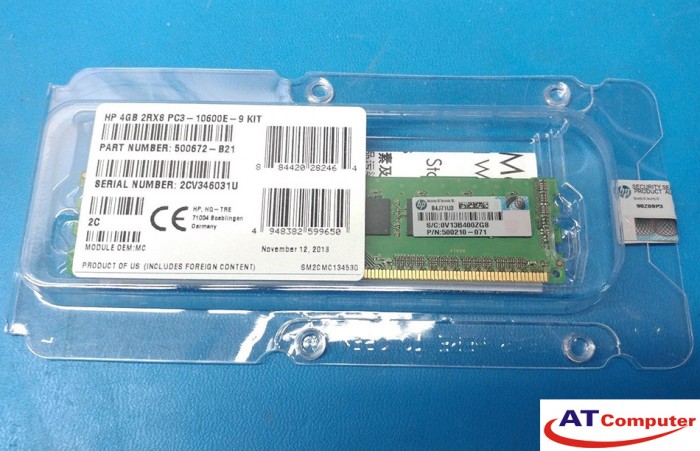 RAM HP 4GB DDR3-1333Mhz PC3-10600R CL9 Dual Rank ECC. Part: 593923-B21