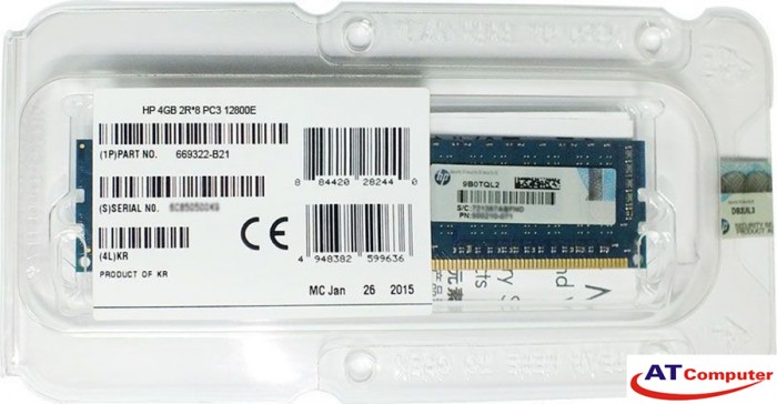 RAM HP 4GB DDR3-1600Mhz PC3-12800E CL11 Dual Rank 2RX8 Unbuffered. Part: 669322-B21