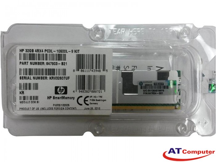 RAM HP 32GB DDR3L-1333Mhz PC3L-10600 4Rx4 Quad Rank Registered ECC. Part: 647885-B21